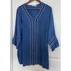 Raya Sun Blue Embroidered Tunic Dress L/XL Boho Peasant Festival Flowy Coverup